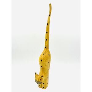 Folk Art Wooden Hand Painted Long Tail Cat Figurine Ring Holder 13” Has Flaw